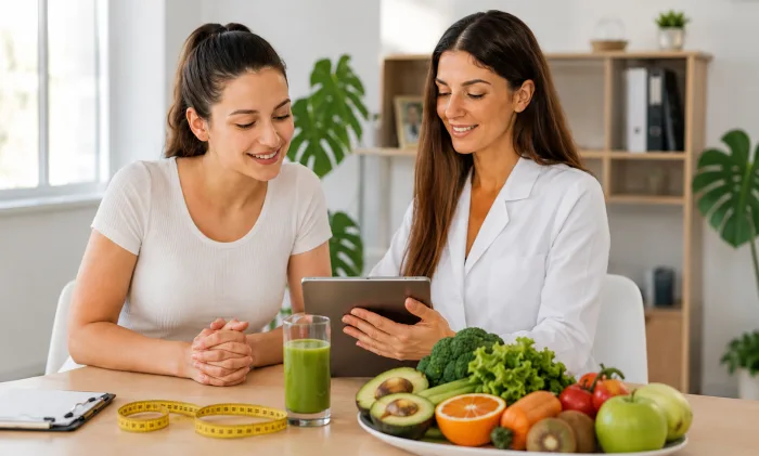 Coach de nutrición emocional guiando a una alumna con una tablet