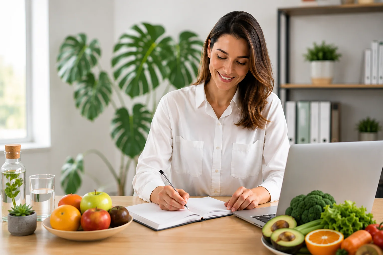 Alumna de la Escuela de Nutrición Emocional tomando notas junto a la pirámide de nutrición emocional
